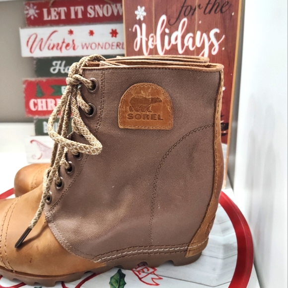 💕EUC Sorel Brand Premium Moto PDX Leather Lace Up Wedge Ankle Boots, Came, 10 - Picture 9 of 16